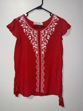 Madeline & Monroe Red White Embroidered Floral Flutter Sleeve Blouse L